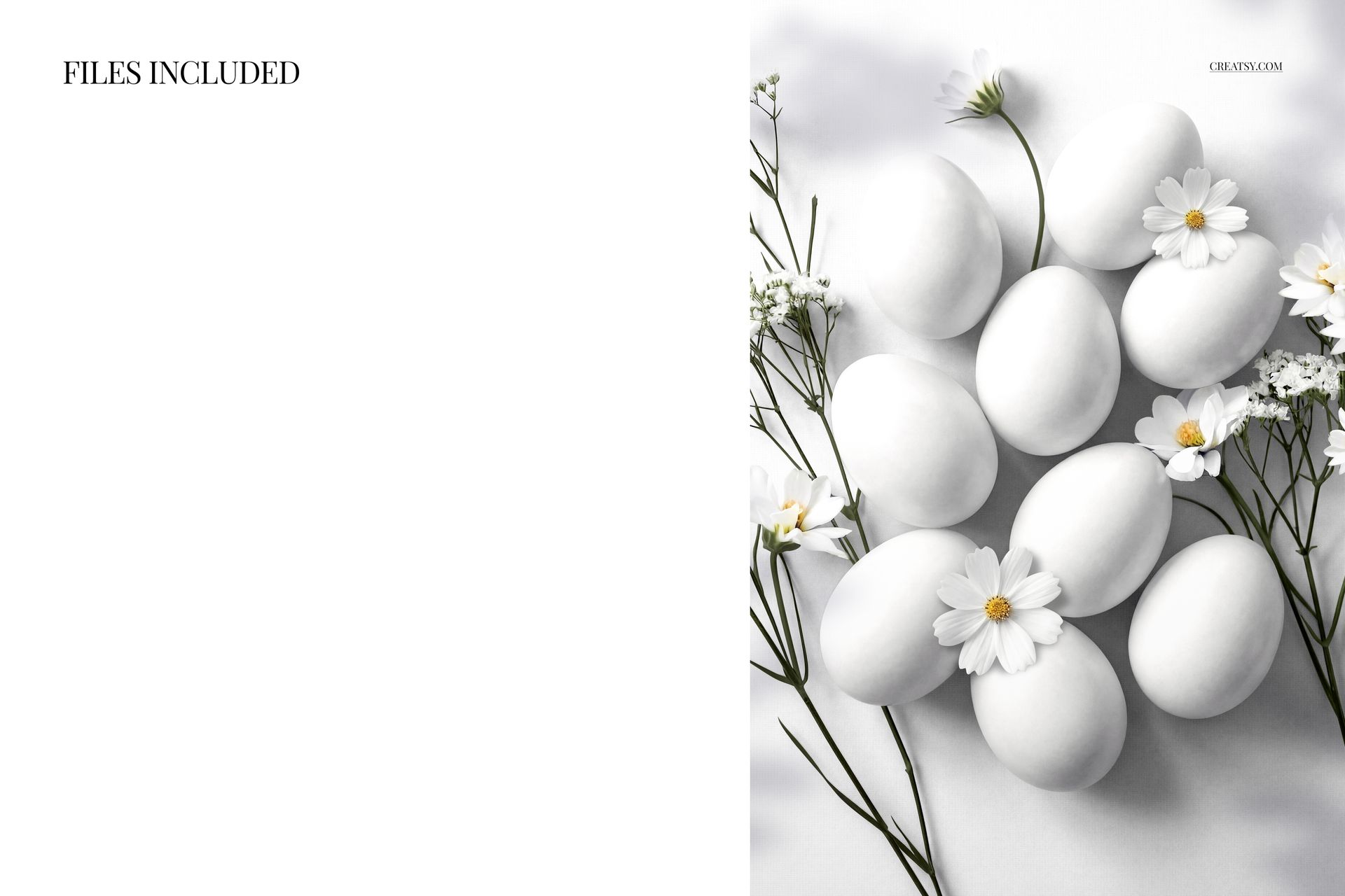 Top view of white Easter eggs arranged with white flowers and green stems, shown in a clean mockup scene.