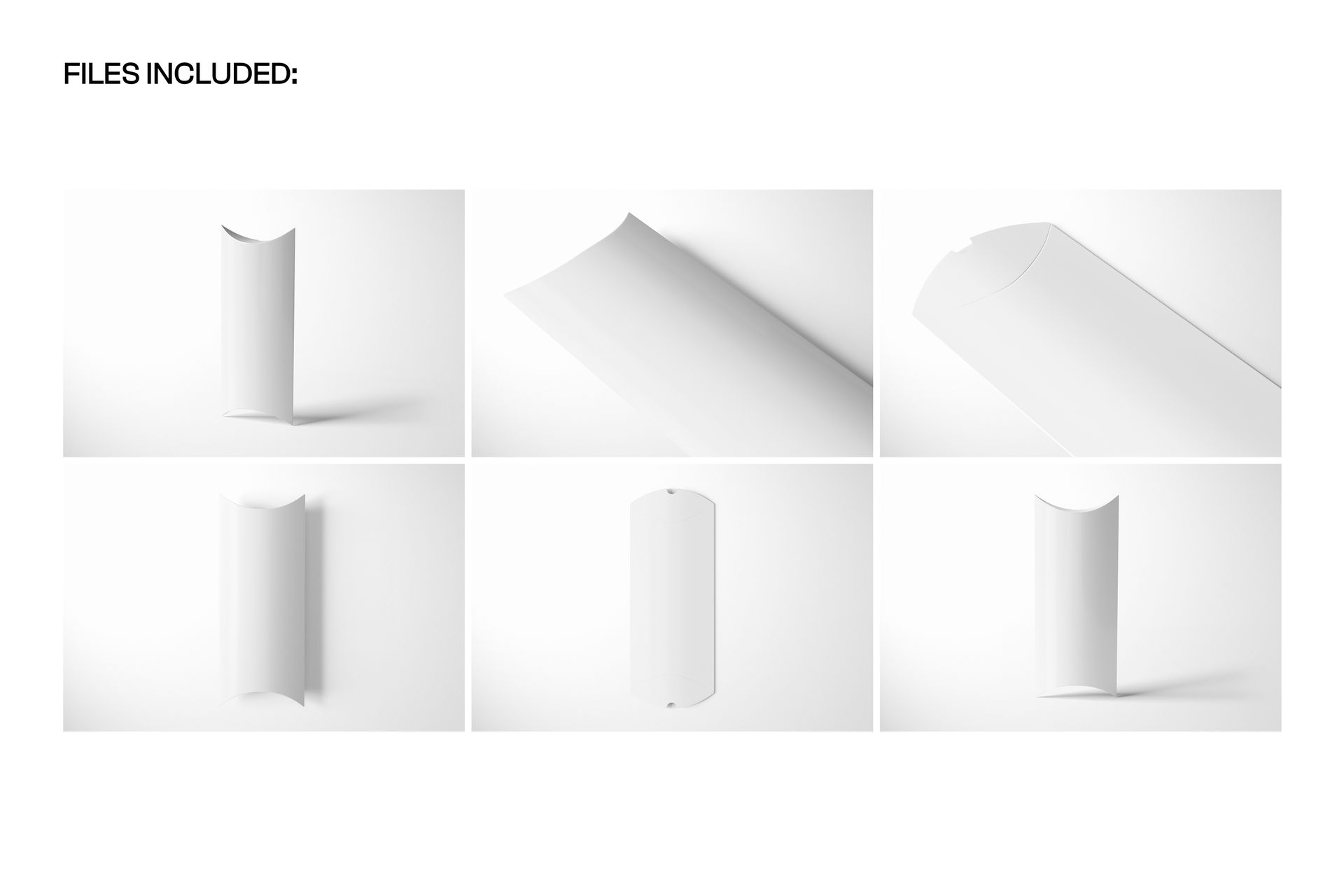 Set of six white pillow box mockups displayed on a clean background, showing various angles and perspectives.