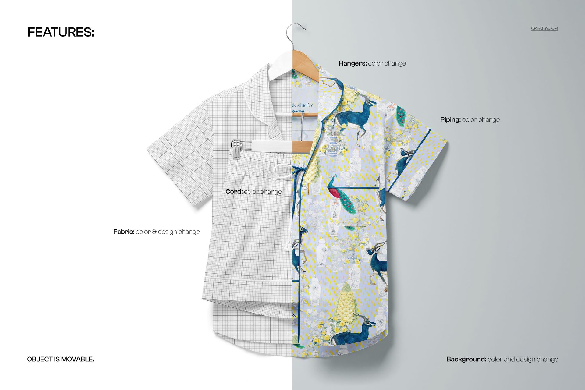 Front view of a short-sleeve pajama top and shorts mockup set, split between a grid pattern and a colorful animal print.