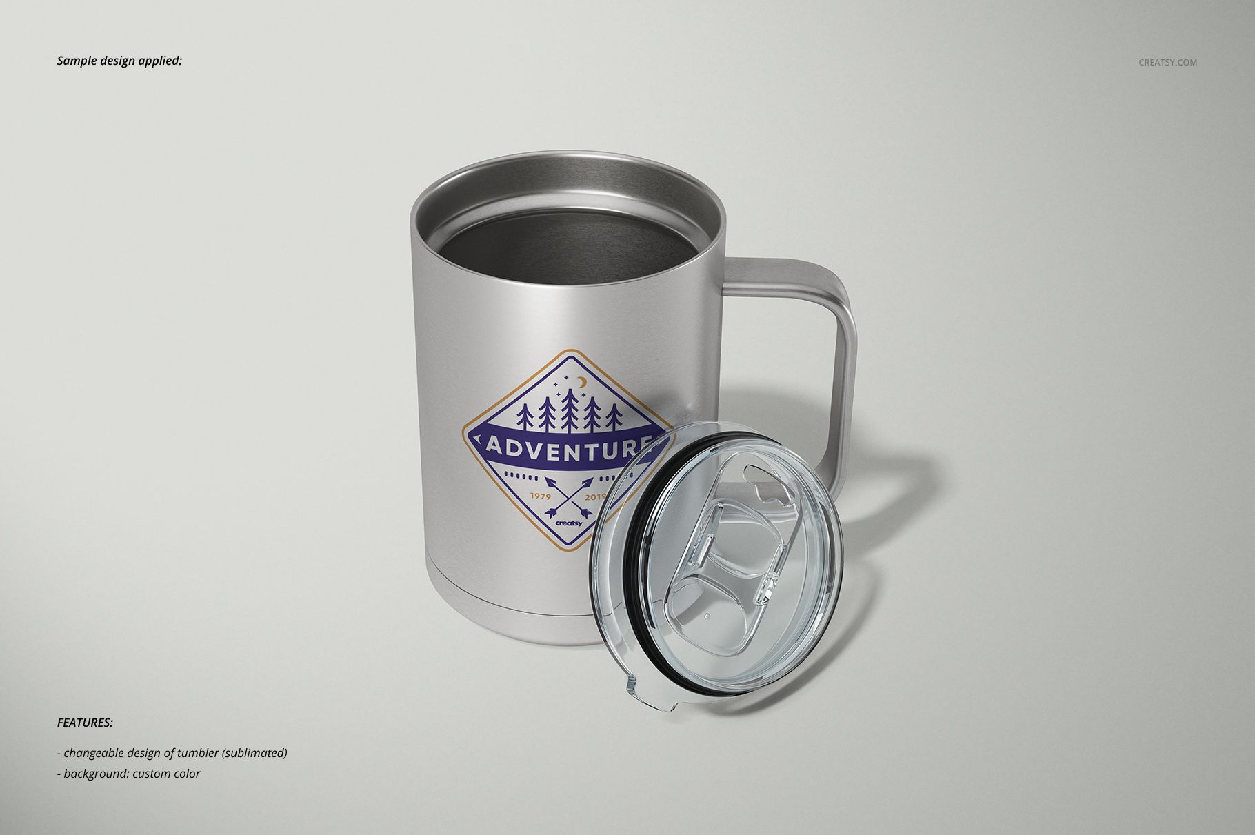 Stainless steel camp coffee mug with a lid, featuring a blue and yellow geometric adventure logo, shown in front view.
