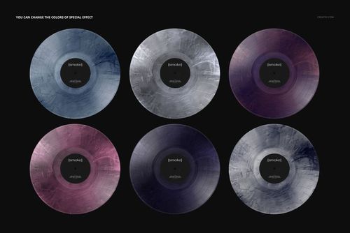PSD mockup showing six vinyl records with translucent smoke patterns in different colors, set against a dark backdrop.