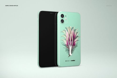 iPhone 11 clear case mockup with a botanical design, displayed upright with both the screen and back visible.