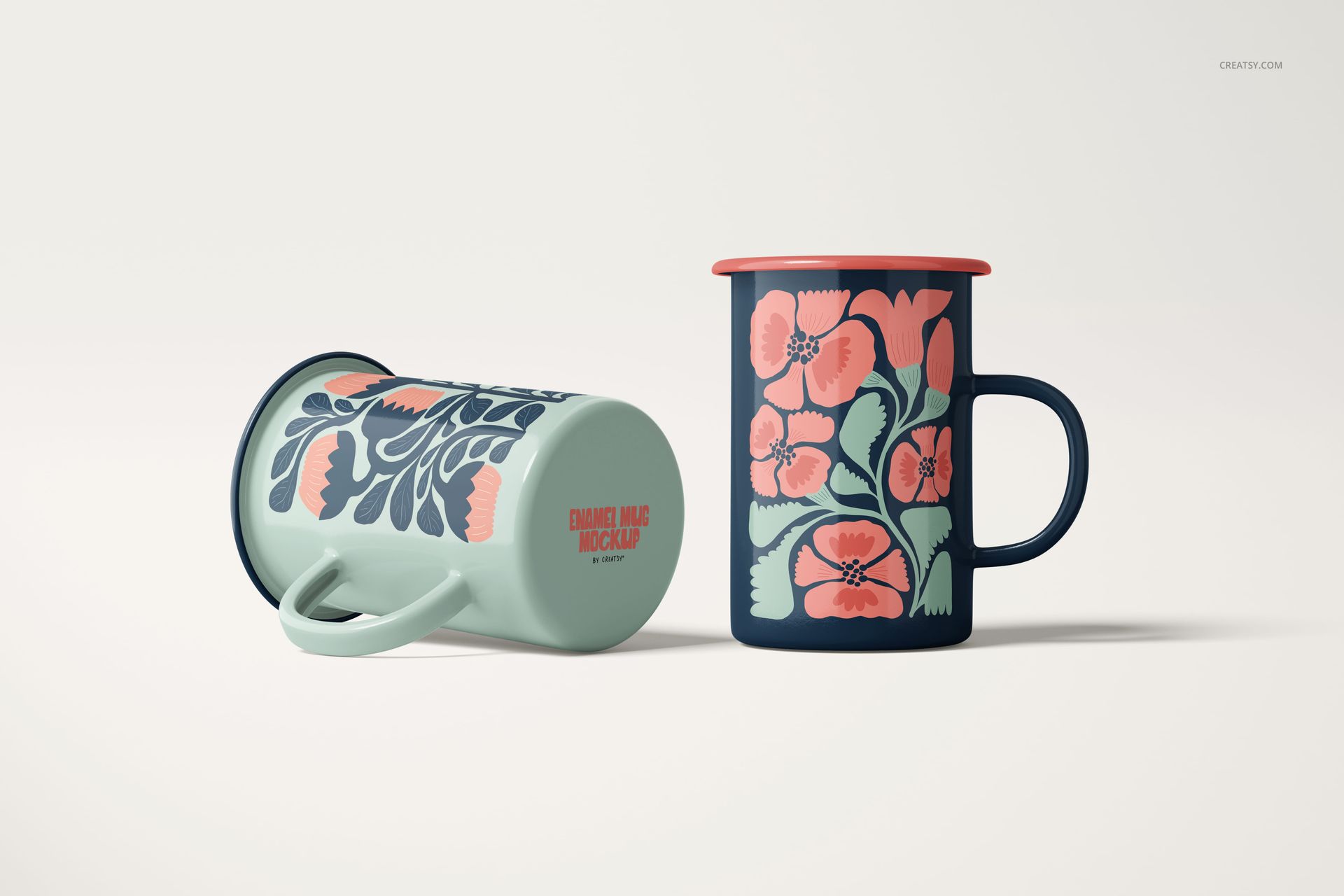 450ml enamel mug PSD mockup set with colorful botanical motifs, one mug upright and one lying down.
