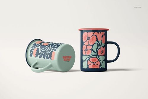 450ml enamel mug PSD mockup set with colorful botanical motifs, one mug upright and one lying down.
