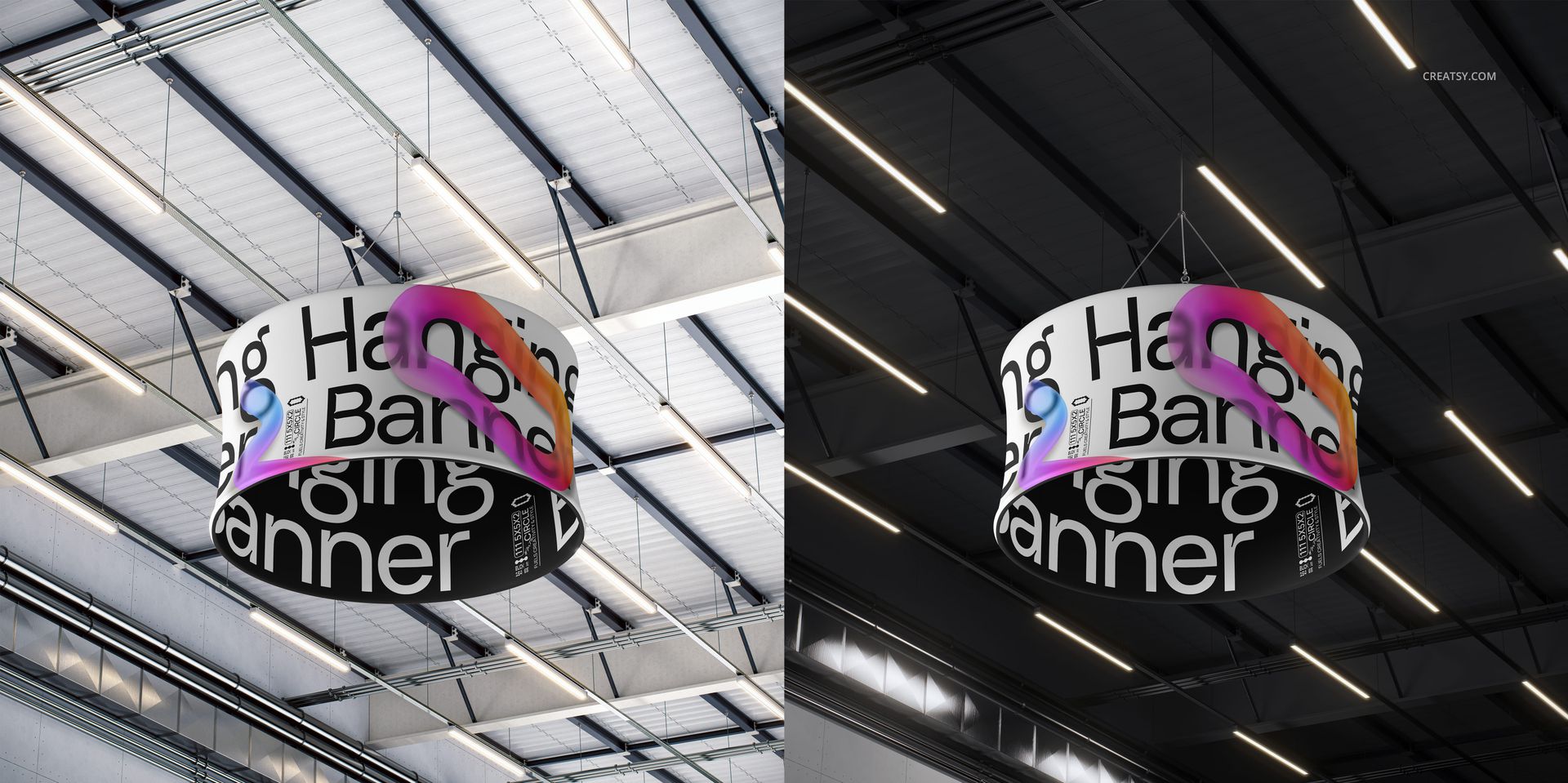 Round advertising banner mockup featuring prominent typography and vibrant graphic elements, viewed from below inside a spacious industrial hall.