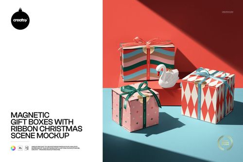Magnetic Gift Boxes with Ribbon Christmas Scene Mockup - mockup preview 1
