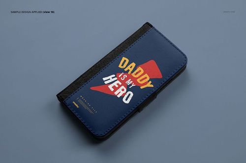 Foldable iPhone X case mockup with a blue cover, black spine, and bold text design, shown in angled top view.