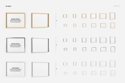 PSD mockup set featuring multiple deep frames in wood, metal, and color options, arranged in front and side perspectives.