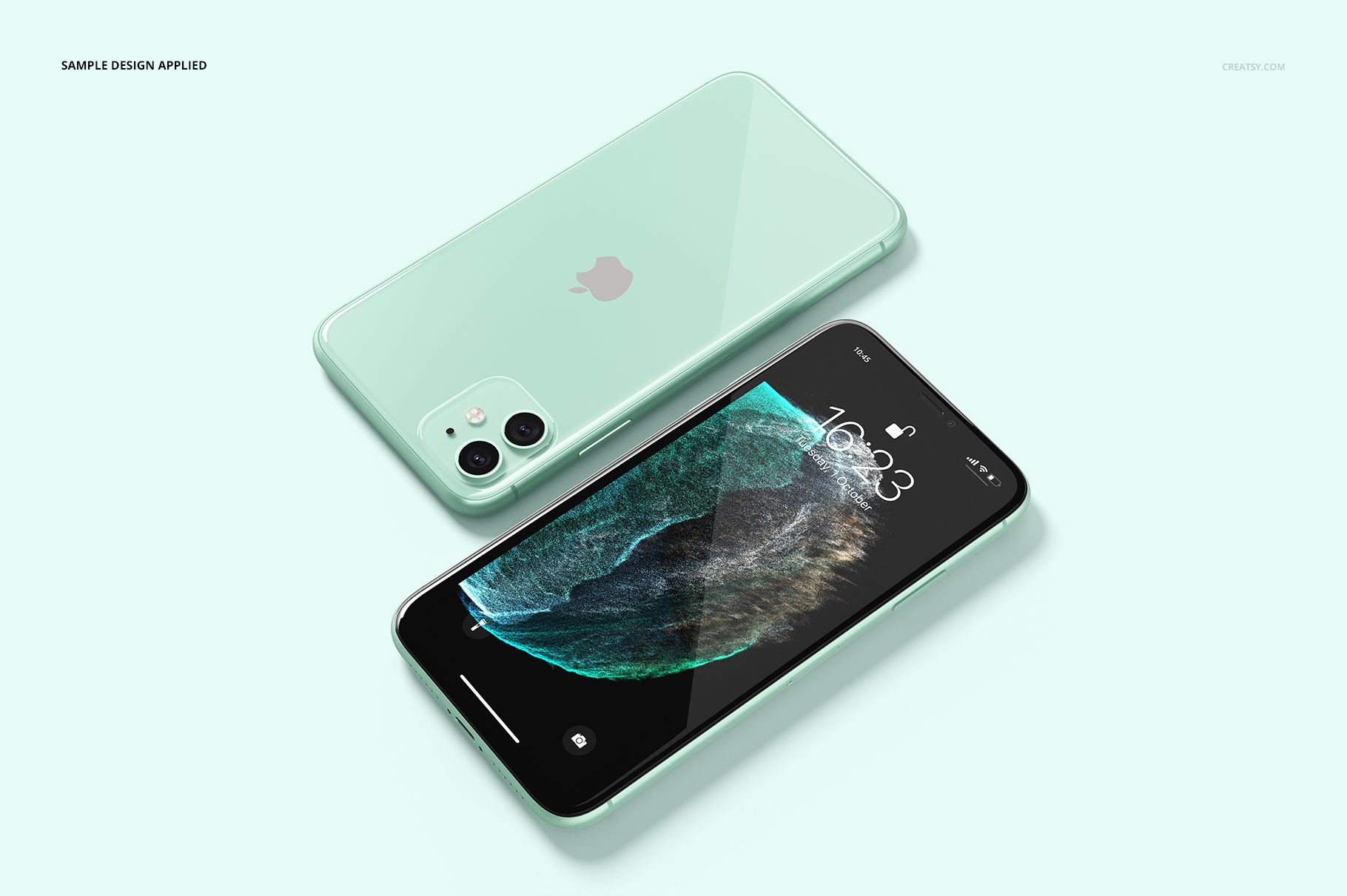 iPhone 11 mockup in mint green, featuring one device face up with a custom wallpaper and one face down.