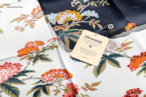 Top view of silk scarf mockups featuring intricate botanical designs and a beige product tag in the center.