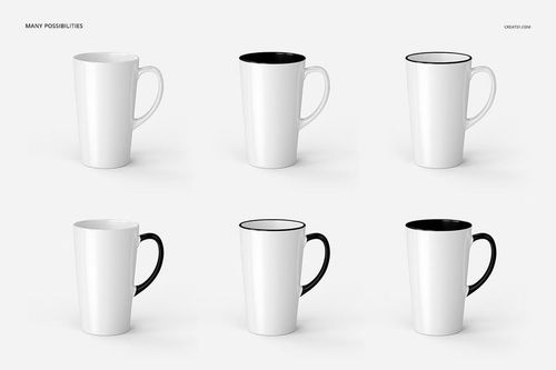 Six white latte mugs arranged in two rows on a light background, showing various handle and rim color options.