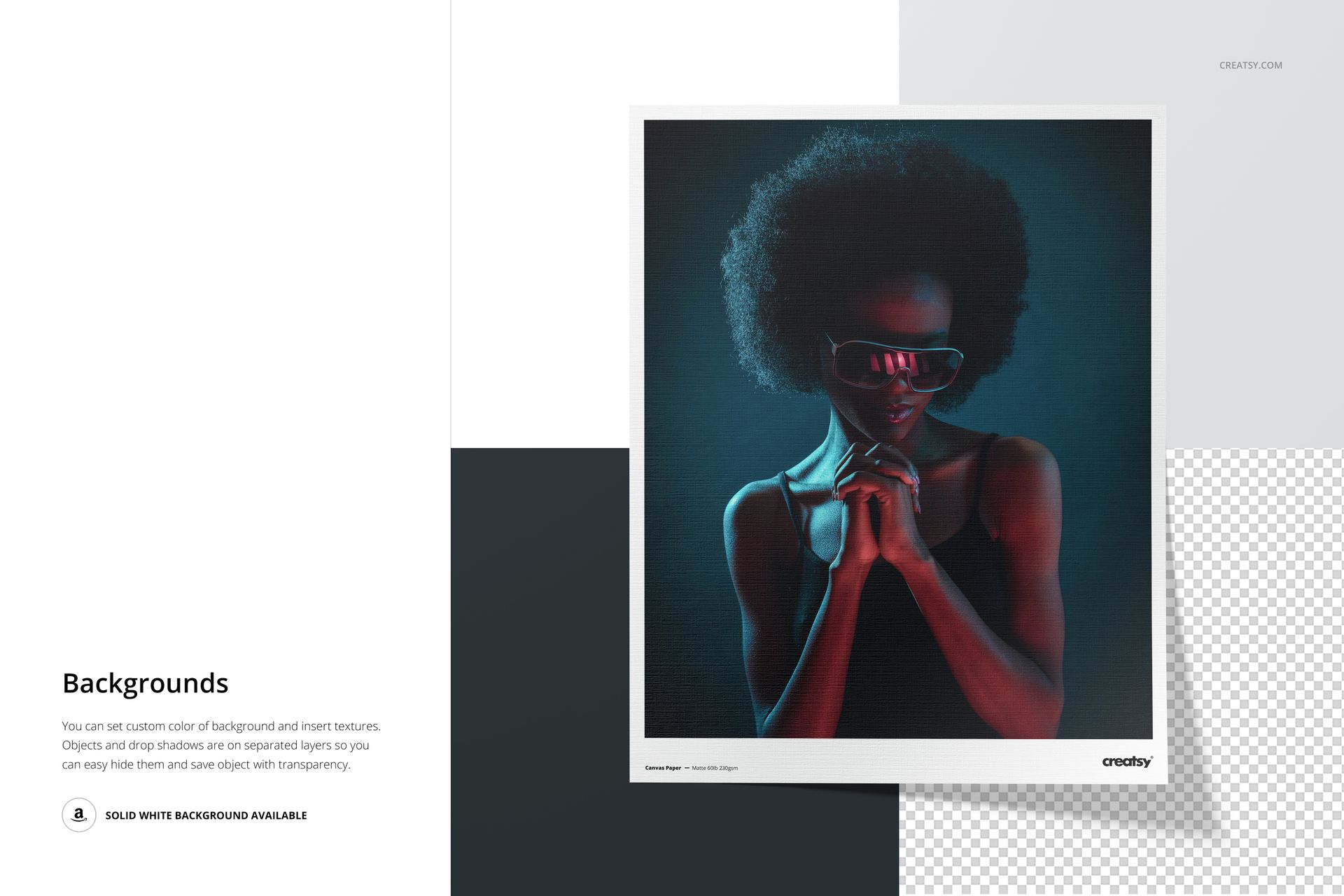 Front view of a canvas paper mockup featuring a portrait with dramatic lighting, set against a white background.