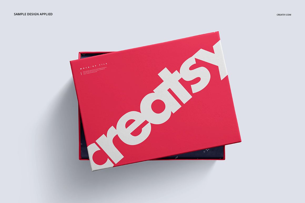 Rectangular shoe box mockup with a bold red lid featuring large white text, shown from a top view on a light background.