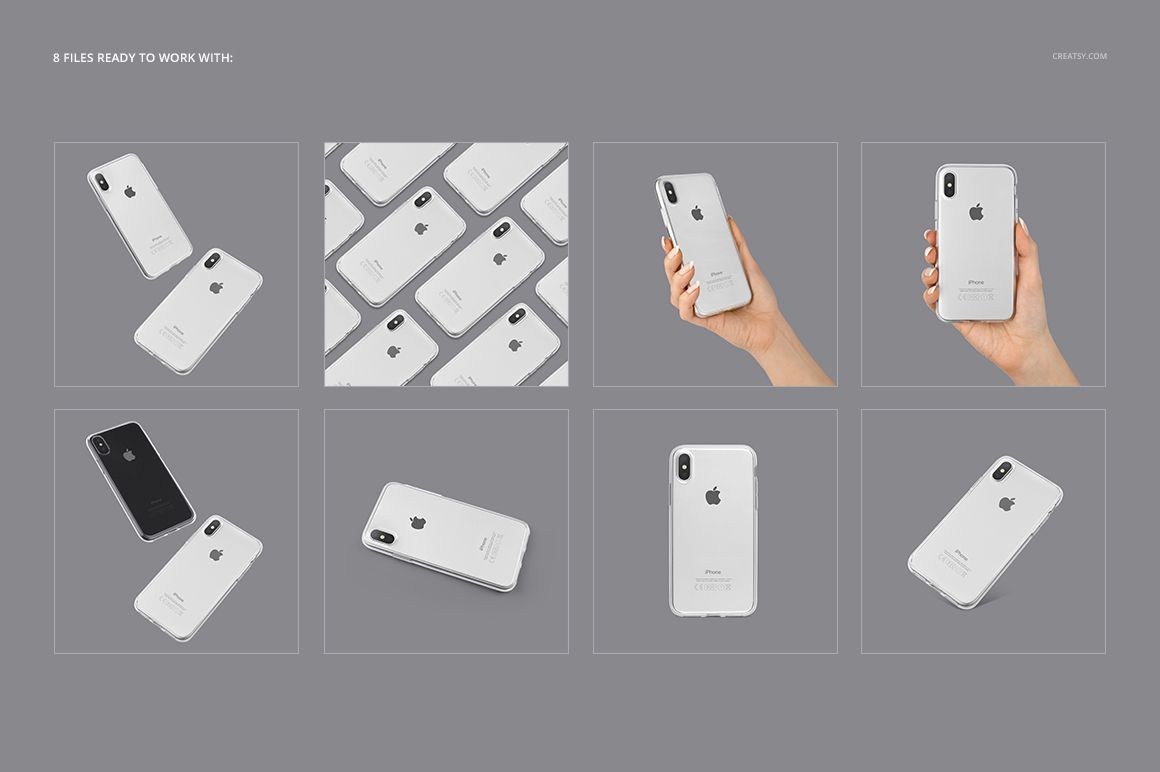 Clear iPhone X case mockup set featuring a silver phone in various angles, including hand-held and flat lay views.