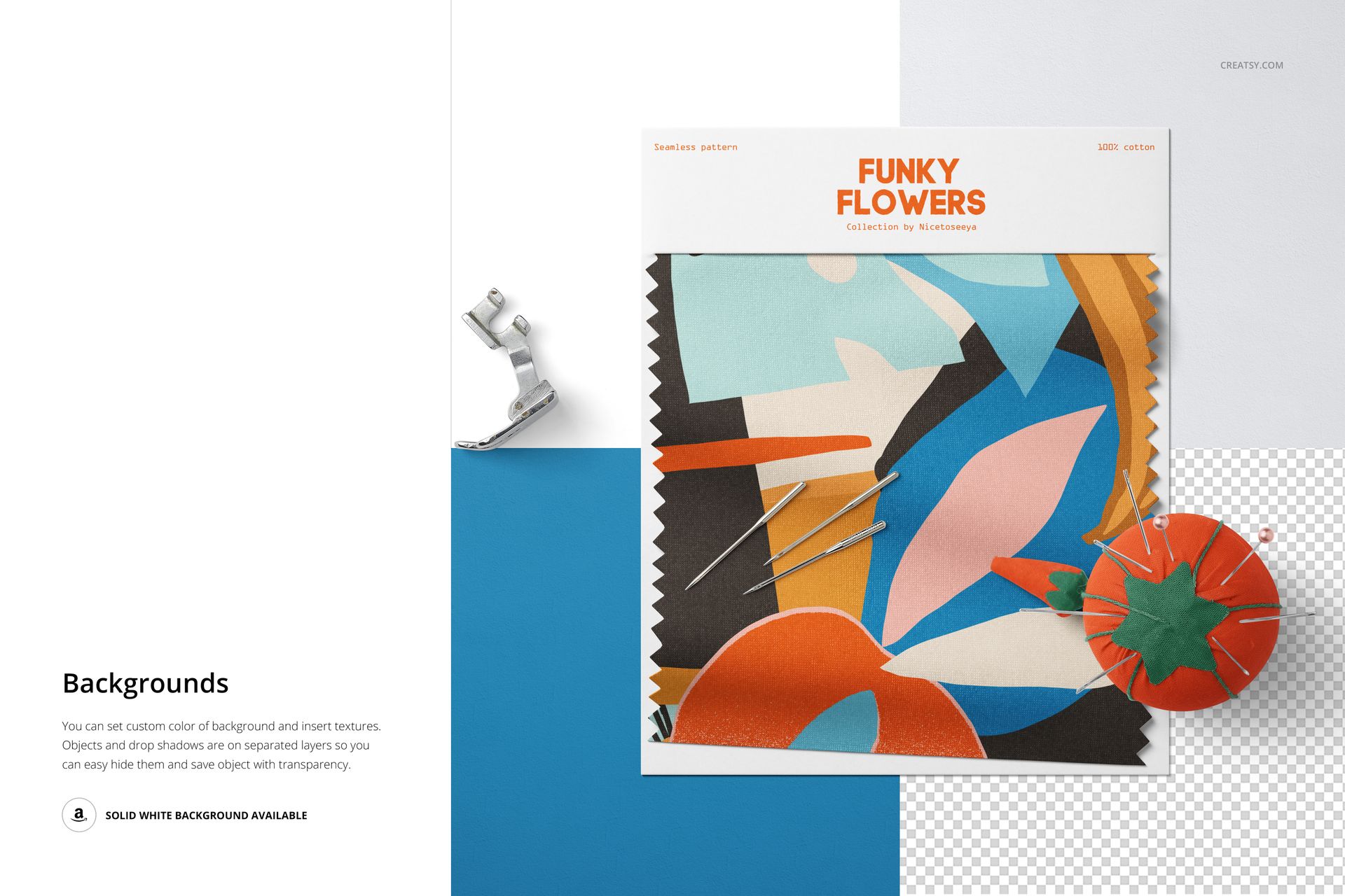 Fabric swatch mockup featuring an abstract colorful pattern, shown from a top view with sewing props nearby.