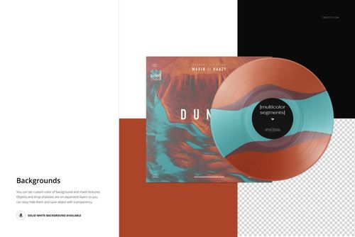 Vinyl record with multi-color segments effect and matching cover displayed in a front view PSD mockup scene.