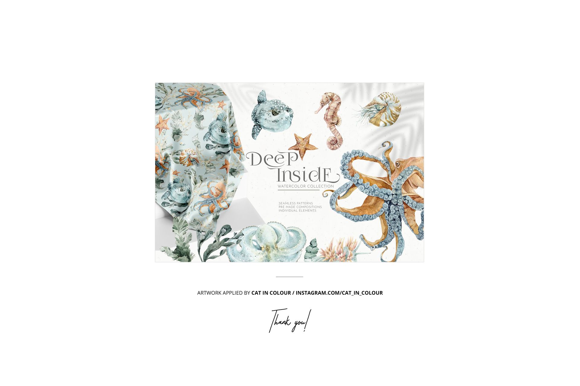 Round polyester bath mat mockup featuring sea-inspired watercolor designs with fish, shells, and an octopus on a white background.