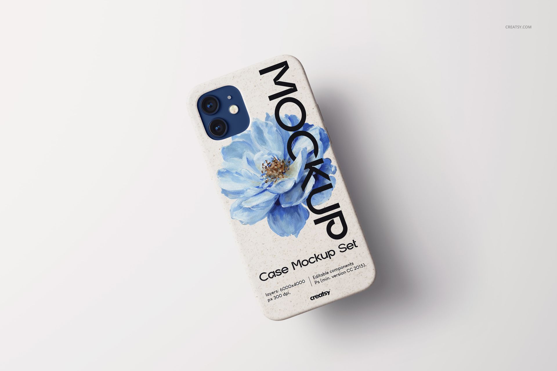 Eco-friendly iPhone 12 case mockup featuring a large blue floral design and bold black lettering on the cover.