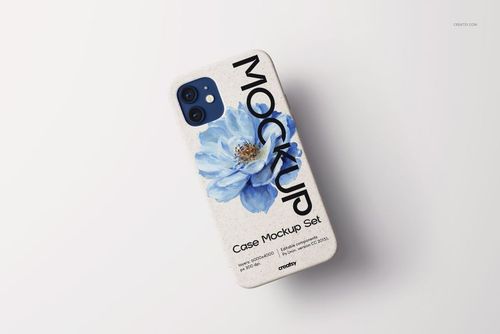 Eco-friendly iPhone 12 case mockup featuring a large blue floral design and bold black lettering on the cover.