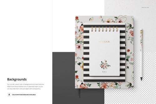 Top view of stationery set mockup featuring a spiral notebook, floral folder, striped pad, and pen on a white background.