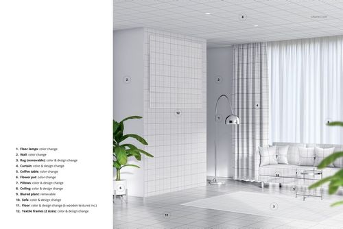 Modern living room mockup with textile frames, floor lamp, large windows, and white curtains in a bright setting.