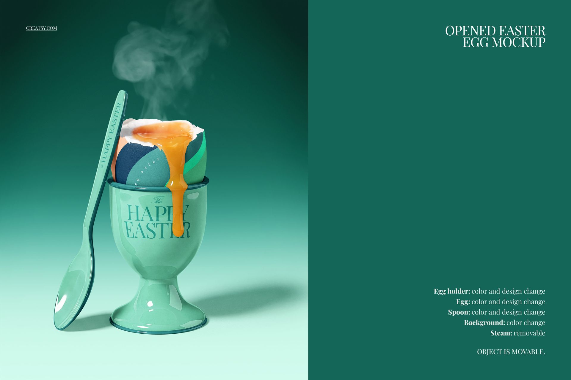 Opened Easter egg mockup in a pastel green egg holder with spoon, featuring a cracked egg and yolk, front view.
