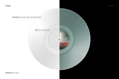 Top view of a translucent colored vinyl record mockup split between white and black backgrounds, showing label details.