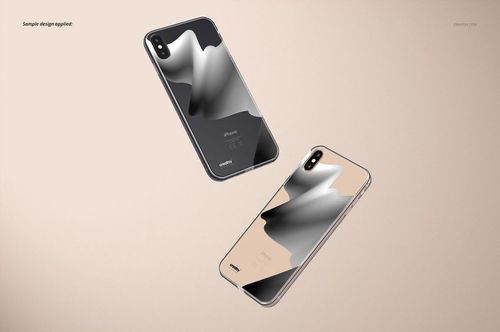 iPhone XS Max clear case PSD mockup featuring two phones with wavy black and gray artwork, angled on a neutral surface.