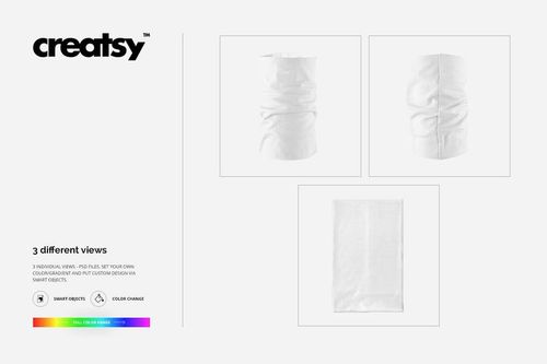 Neck gaiter mockup set showing three views of a plain white fabric accessory on a light background.