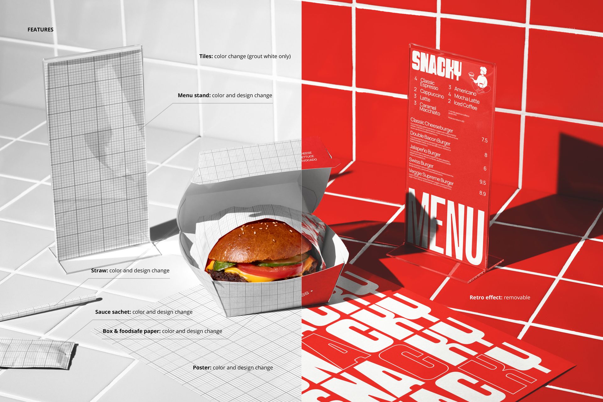 Burger bar menu display mockup featuring a folded menu stand, burger box, and packaging items on a tiled surface.