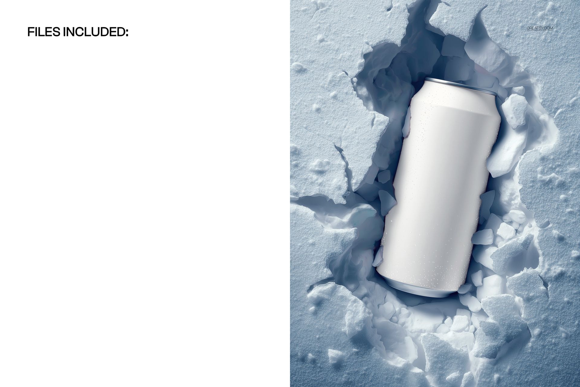 White beverage can lying in cracked snow, top view, surrounded by icy fragments, drinkware PSD mockup scene.