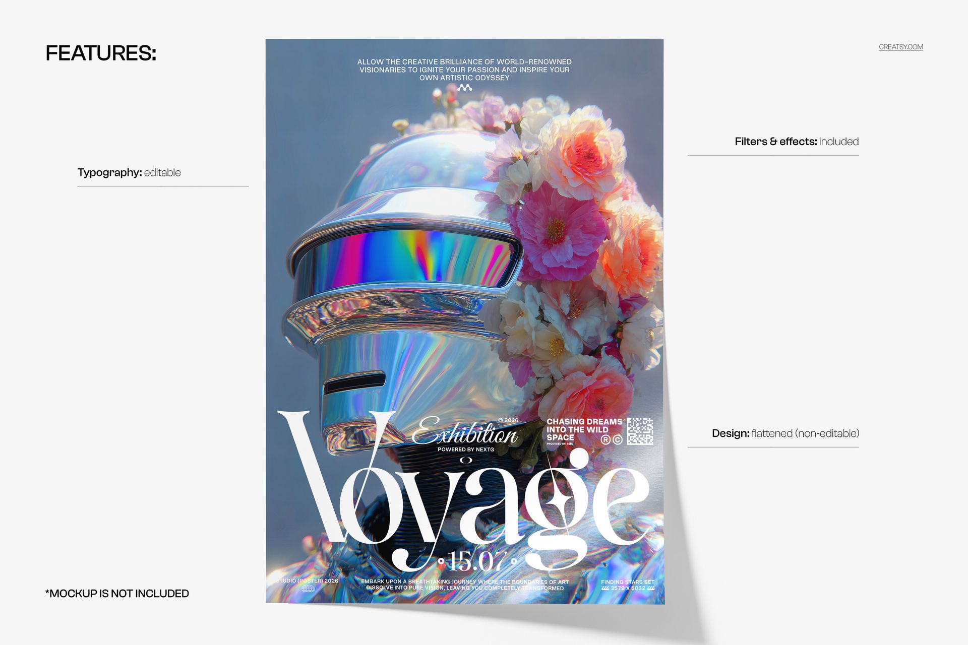PSD mockup poster design showing a metallic helmet with vibrant floral decorations and bold typography at the bottom.