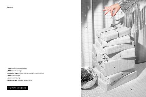 Heap of gift boxes wrapped in white grid paper mockup, with a hand placing ribbon, disco ball and festive decor nearby.