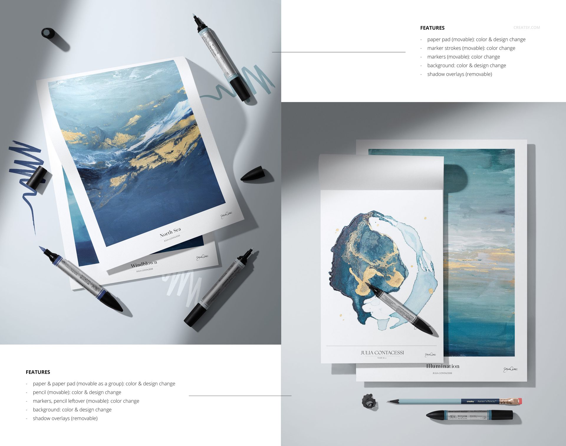 Flat lay of art paper mockups featuring blue and yellow abstract artwork, paintbrush, markers, and scattered art supplies.