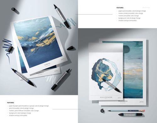 Flat lay of art paper mockups featuring blue and yellow abstract artwork, paintbrush, markers, and scattered art supplies.