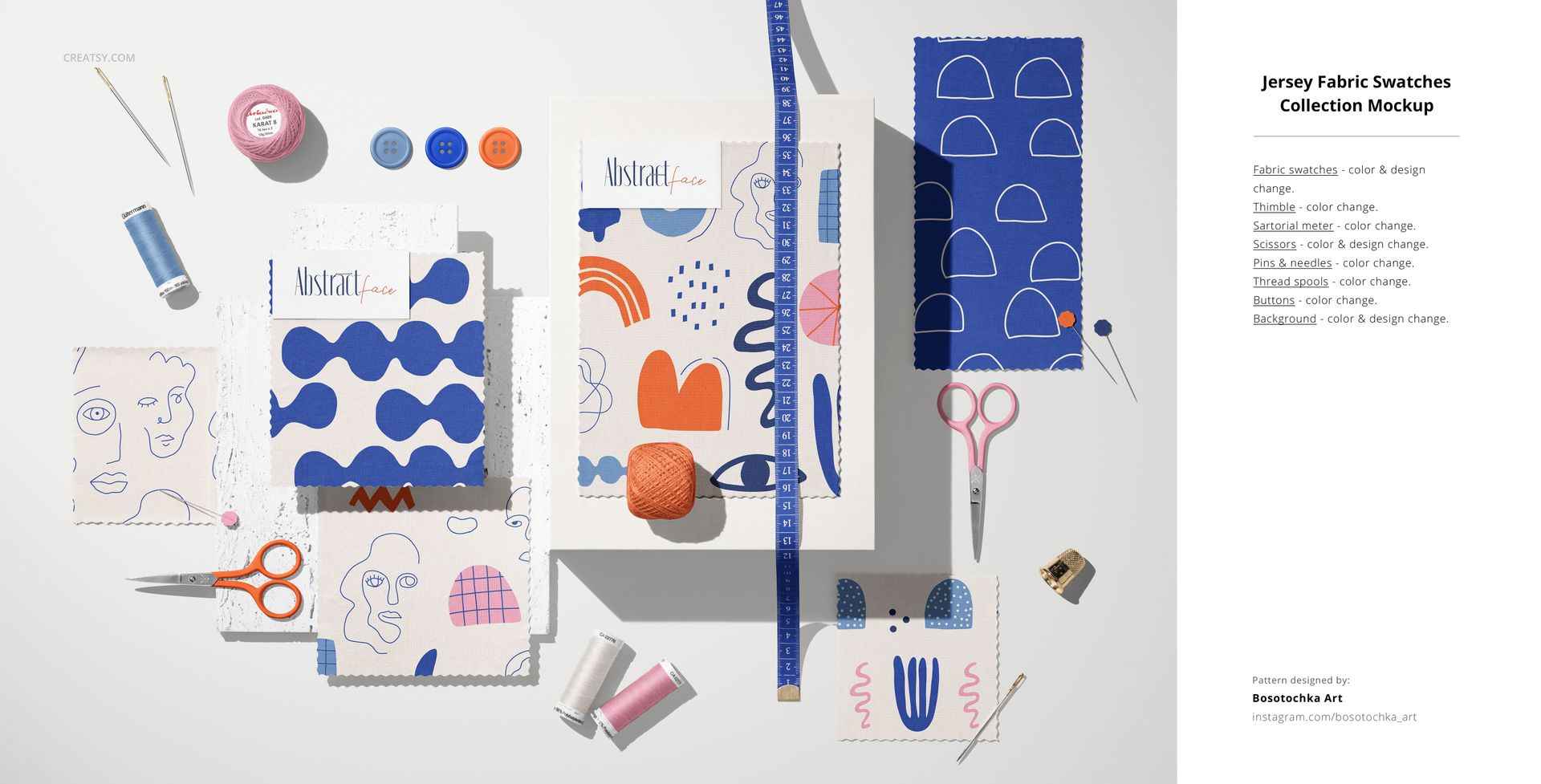 Jersey fabric PSD mockup featuring multiple patterned swatches, measuring tape, sewing tools, and colorful accessories.