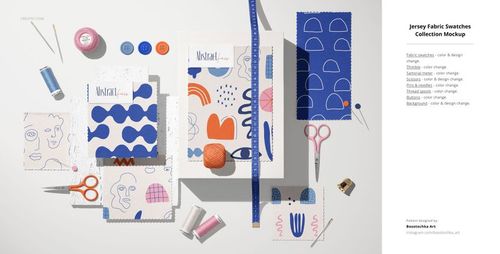 Jersey fabric PSD mockup featuring multiple patterned swatches, measuring tape, sewing tools, and colorful accessories.