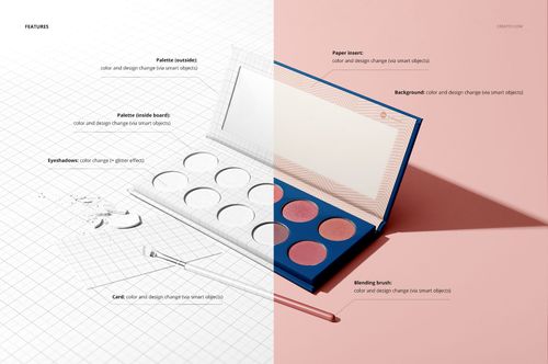 Eyeshadow palette mockup set displayed with open lid, featuring round pans and a blending brush on a split background.
