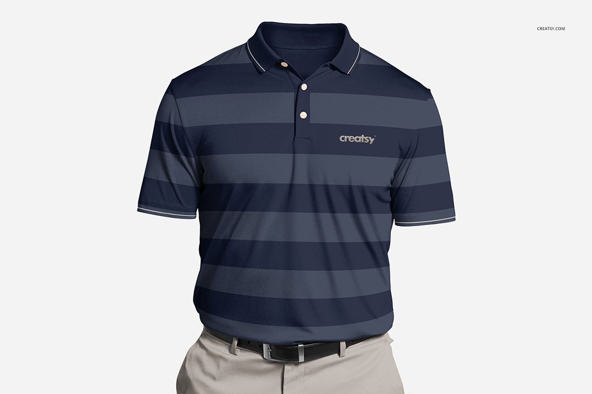 Front view of a polyester polo shirt mockup with dark blue horizontal stripes, buttoned collar, and beige pants.