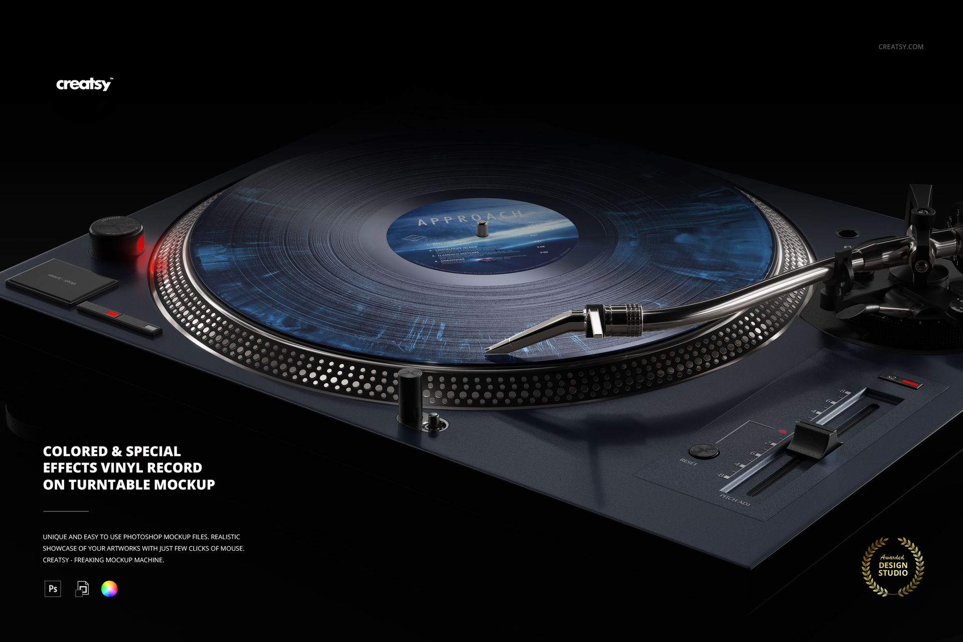 Top view of a colored vinyl record with special effects on a black turntable, featuring a realistic PSD mockup scene.