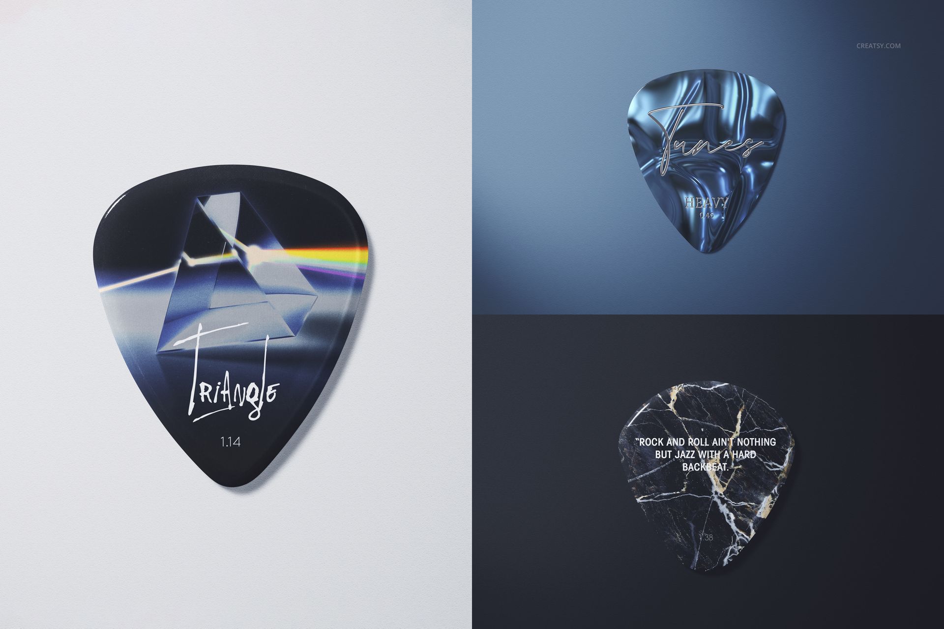 Three guitar picks displayed in a mockup set, each featuring a different design and color on a neutral background.