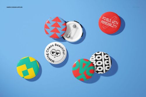 Assorted plastic badges mockup featuring bold patterns and typography, arranged on a flat blue background.