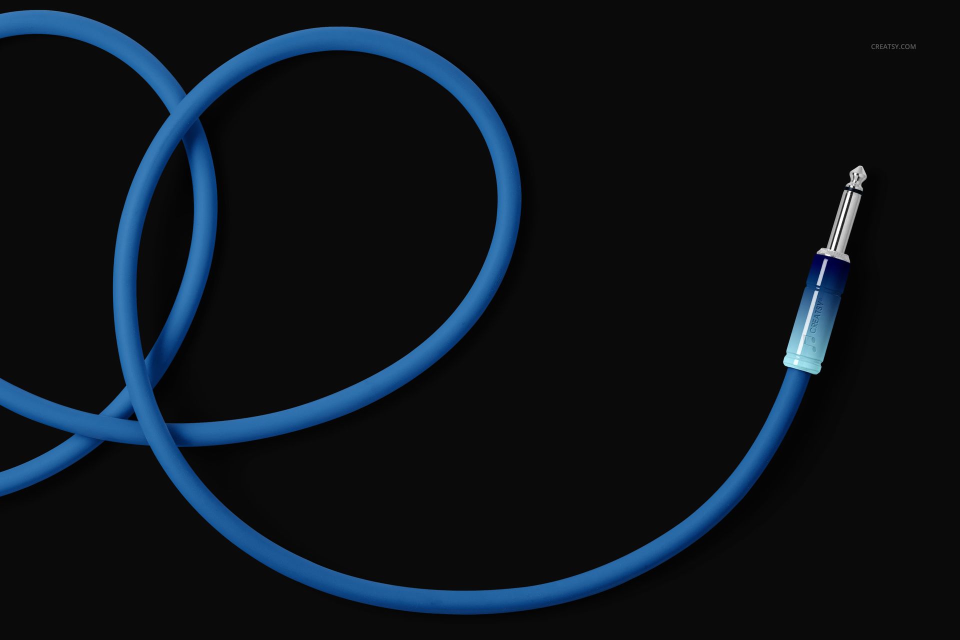 Single blue audio jack cable mockup displayed on a dark background, featuring a metallic plug and curved line.