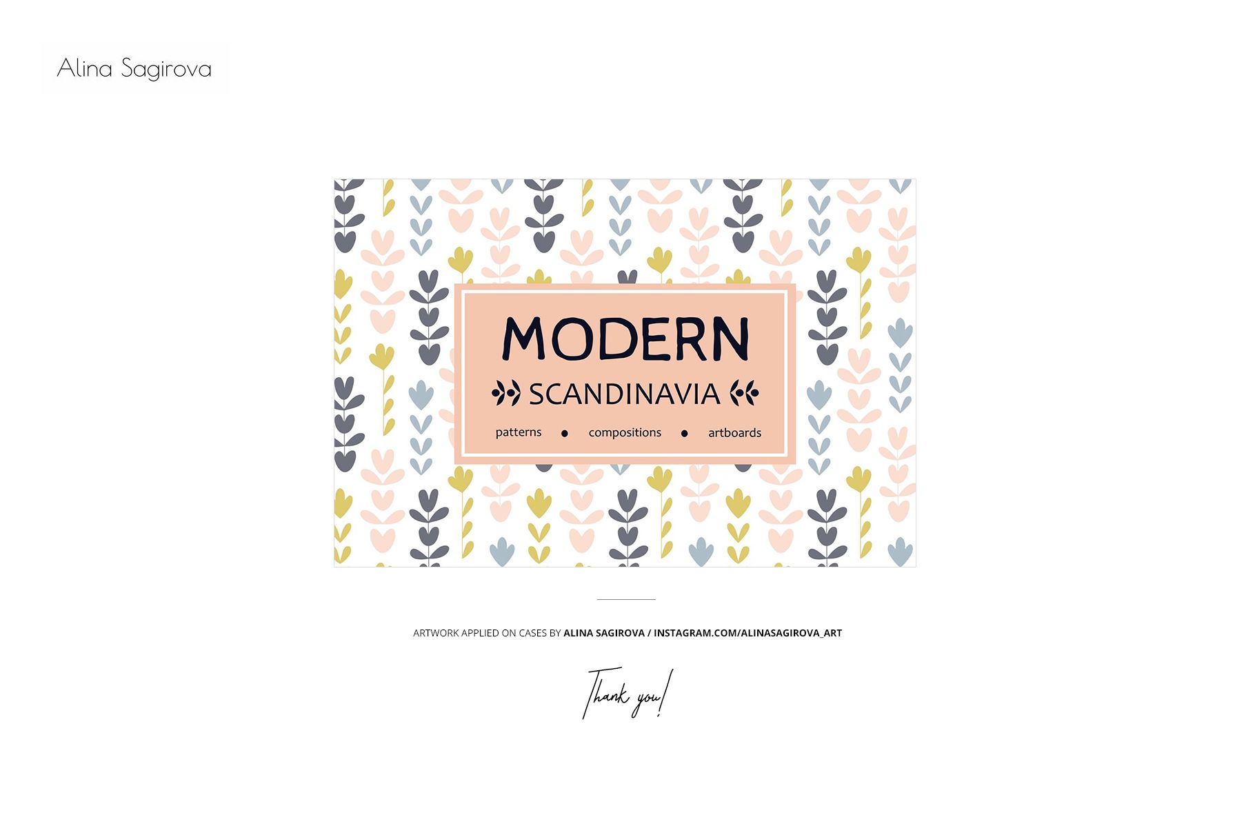 Rectangular card with Modern Scandinavia text, surrounded by pastel floral patterns on a white background.