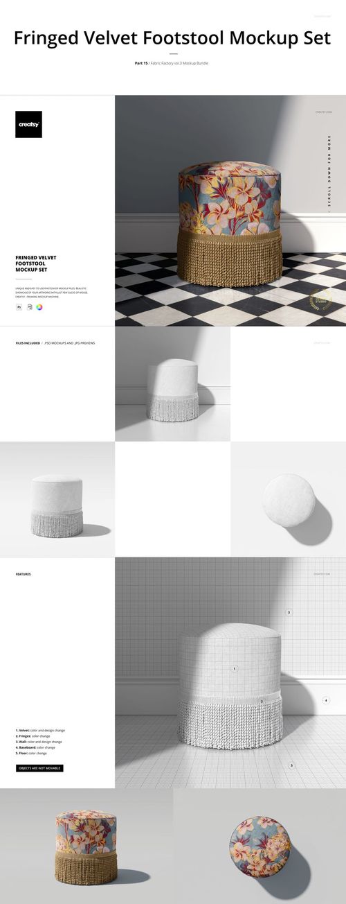 Round footstool mockup with a fringed velvet base and colorful floral upholstery, shown on a checkered floor.