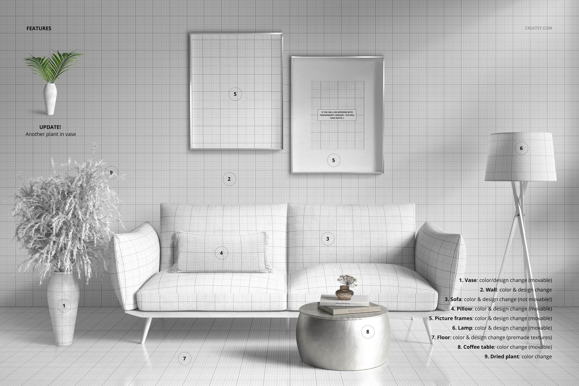 Front view of a minimalist interior mockup featuring a white grid-patterned sofa, wall frames, and plants.
