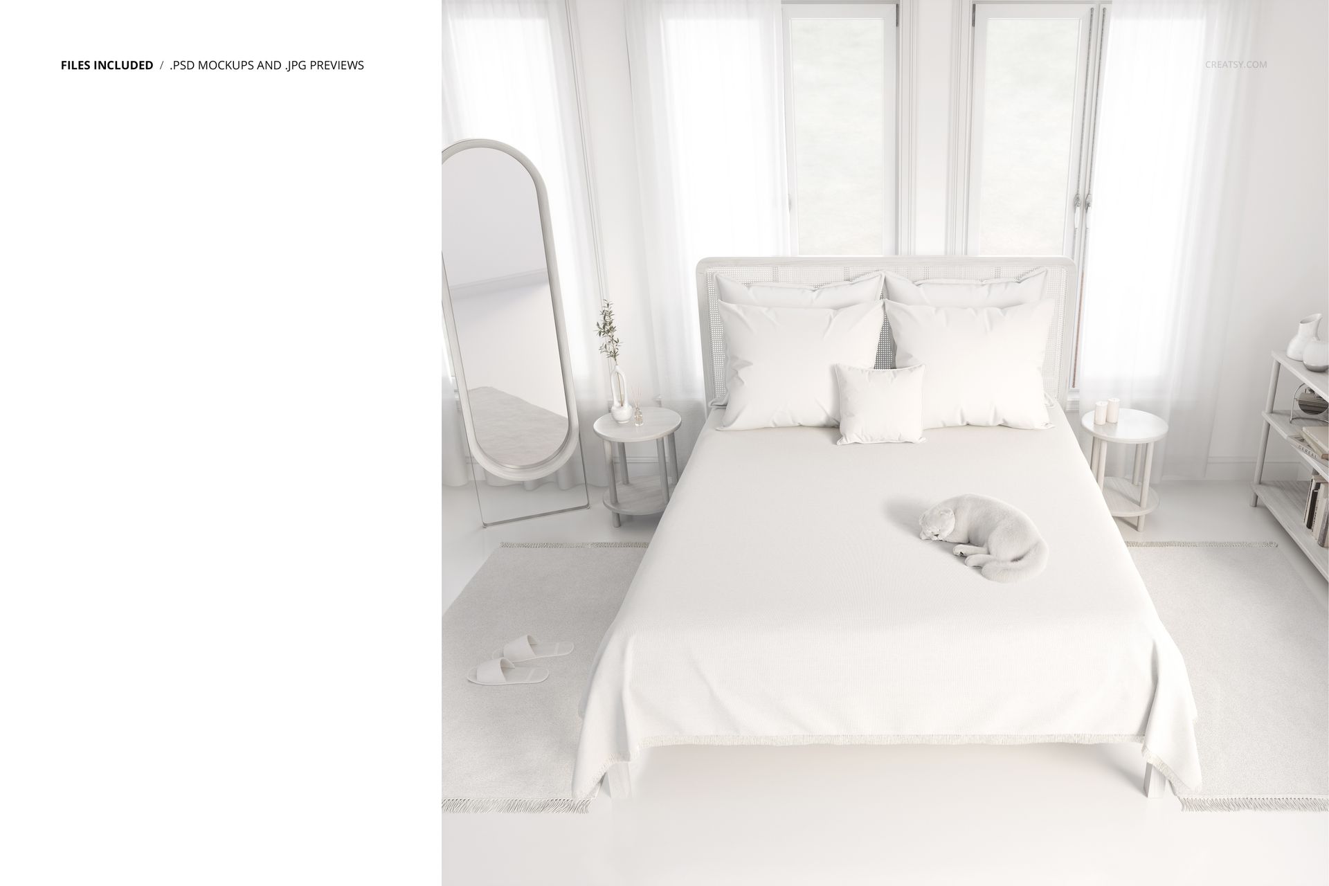 PSD mockup showing a bed with a plain coverlet, minimalistic decor, large windows, and a floor mirror in a bright room.