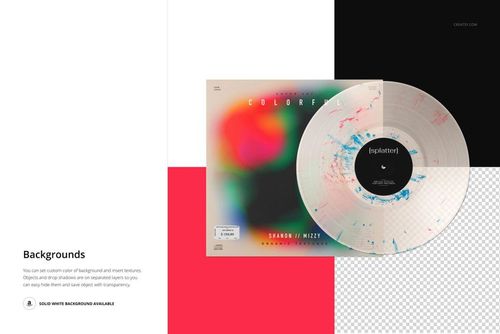 Vinyl record featuring multicolored splatter pattern and matching cover, shown with layered backgrounds in a PSD mockup.