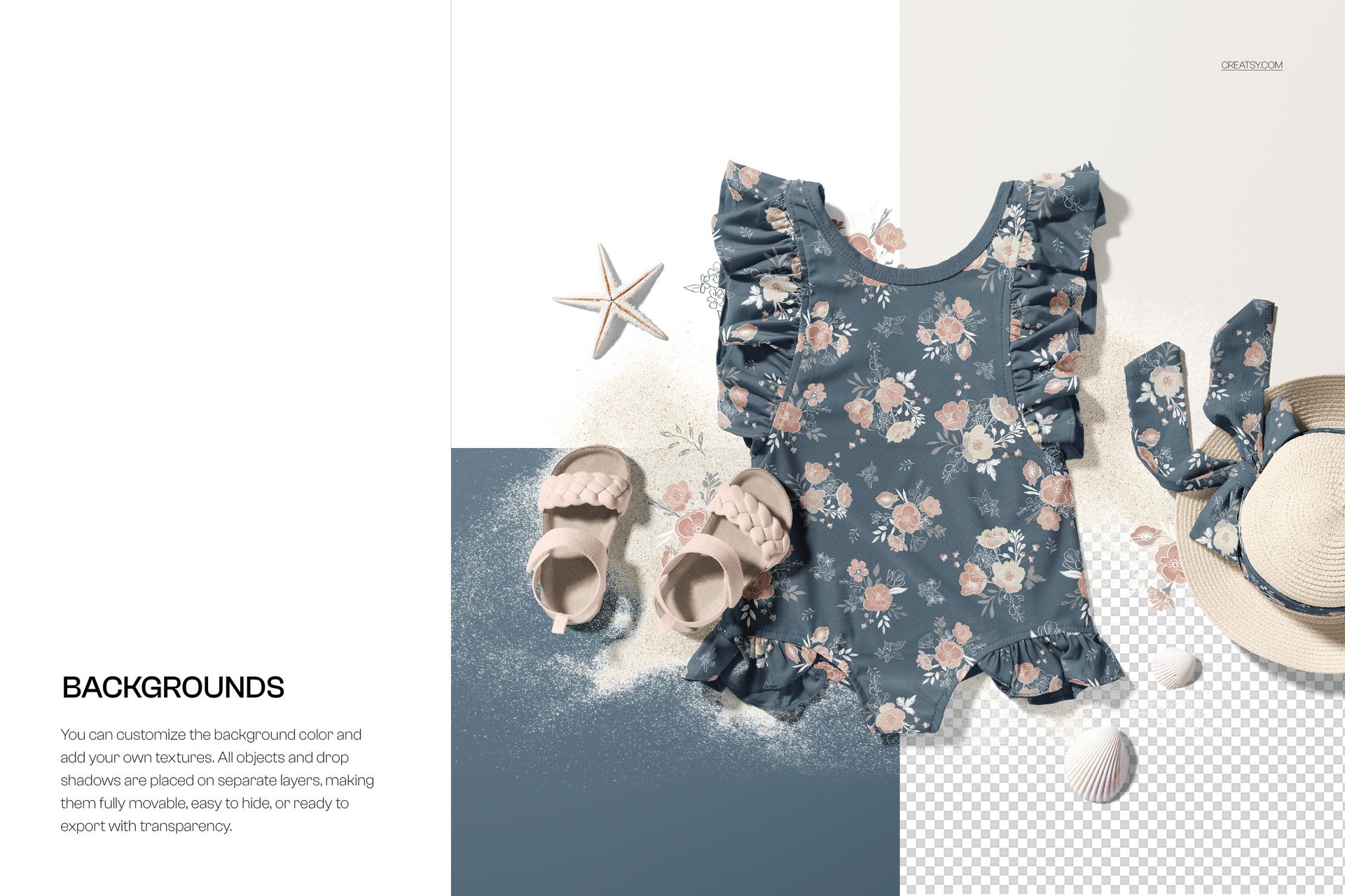 Free Baby Ruffle Swimsuit and Hat Apparel PSD Mockup - mockup screenshot 5