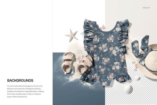 Flat-lay of a blue floral baby swimsuit, bow hat, beige sandals, starfish, and sand, styled for a PSD mockup scene.